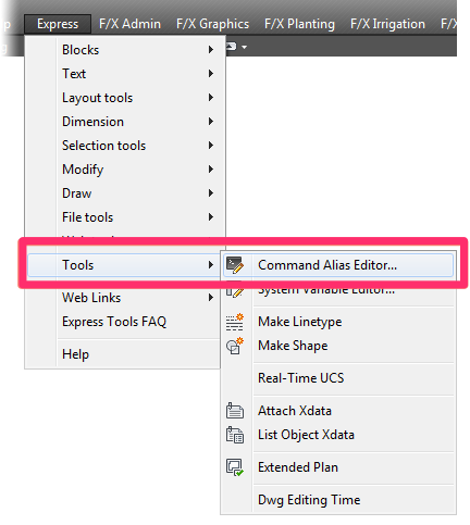 Express Tools menu, Command Alias Editor option